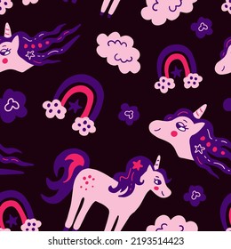 Unicorn romantic seamless pattern. Cute hand drawn fantasy repeat unicorn endless background with falling rainbows unicorn head cloud in cartoon Scandinavian style. Kids textile, greeting, wrapping