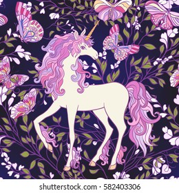 The unicorn, roses and butterflies Seamless pattern in pink, purple colors. On a black background. Stock vector.