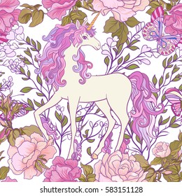 The unicorn, roses and butterflies Seamless pattern in pink, purple colors. On a white background. Stock vector.
