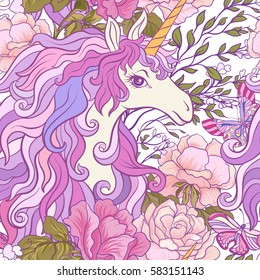 The unicorn, roses and butterflies Seamless pattern in pink, purple colors. On a white background. Stock vector.