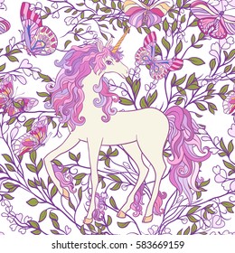 The unicorn, roses and butterflies Seamless pattern in pink, purple colors. On a white background. Stock vector.