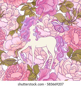 The unicorn, roses and butterflies Seamless pattern in pink, purple colors. On a white background. Stock vector.