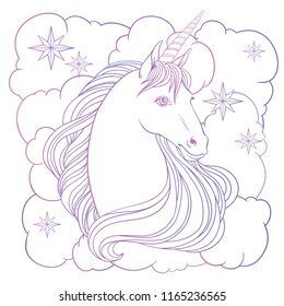 Unicorn and roses, hand drawn vector linen illustration for logotype, coloring book, greeting card.