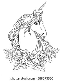 Unicorn and roses, hand drawn vector linen illustration for logotype, coloring book, greeting card.