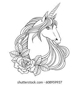 Unicorn and roses, hand drawn vector linen illustration for logotype, coloring book, greeting card.
