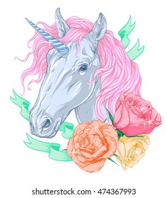 Unicorn and roses. Vector illustration