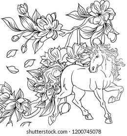 Unicorn with Sakura Flowers. Colouring Book. Vector Illustration.