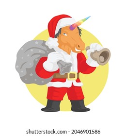 unicorn santa claus with sack of gift and holding a bell vector illustration