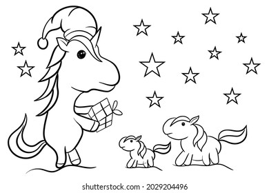 unicorn Santa Coloring book Christmas day. Premium Vector