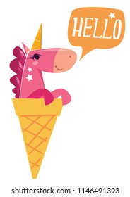 The unicorn says hello. Pony is sitting in the horn of ice cream. Vector illustration on white background. Print or sticker or sticker.