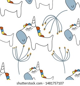 Unicorn. Scandinavian style. Seamless pattern. Drawing for children.