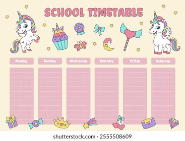 Unicorn school timetable. Timetable with magic elements and unicorns.