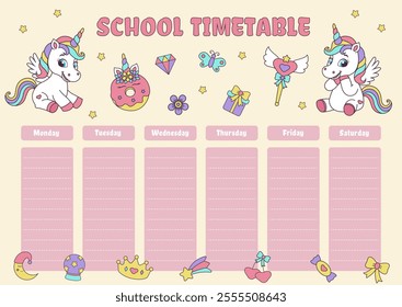 Unicorn school timetable. Timetable with magic elements and unicorns.