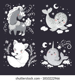 Unicorn, seal, arctic fox, narwhal. A set of hand drawn vector illustrations of animals
