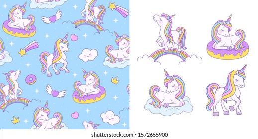 Unicorn seamless blue pattern with pony on a rainbow, on a cloud and on a donut. Vector stock cute texture and collection of unicorns isolated on white background. 