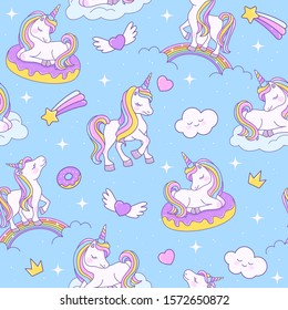 Unicorn seamless blue pattern with unicorns on a rainbow, on a cloud and on a donut. Endless background for textiles, notebooks, cards and children’s birthday celebrations. Vector stock cute texture. 