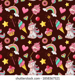 Unicorn seamless brown pattern. Ice cream, donut, lollipop, cotton candy, magic wand, cupcake, diamond, rainbow, stars, heart. Great for wallpaper, gift paper, fabric, wrapping paper, surface design