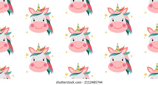 Unicorn seamless cute pattern in cartoon style on white background. Vector illustration.