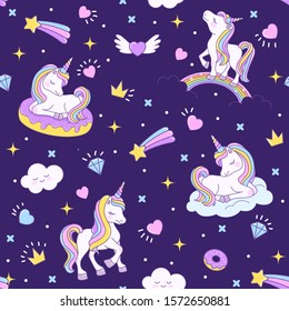 Unicorn seamless dark pattern with unicorns on a rainbow, on a cloud and on a donut. Endless background for textiles, notebooks, cards and children’s birthday celebrations. Vector stock cute texture. 
