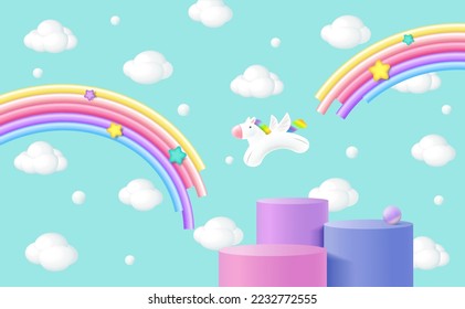 Unicorn seamless with many clouds and rainbows with the blue sky background.
