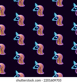 Unicorn Seamless Neon Pattern. Vector Illustration of Glowing Background.