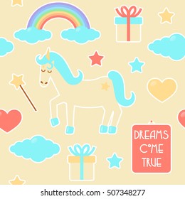Unicorn seamless pattern, badges with rainbow, cloud, magic wand, heart and present