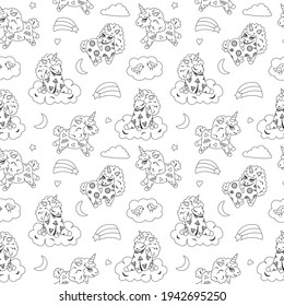Unicorn seamless pattern with clouds, stars and moon in the sky. Colored page background. Black and white