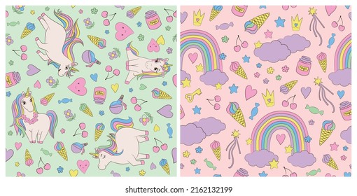 Unicorn seamless pattern creative repeat design. Cute unicorns baby pony cute summer design. Light pastel colors and rainbow. For surface print, textile fabric, wrapping paper, stationery print.