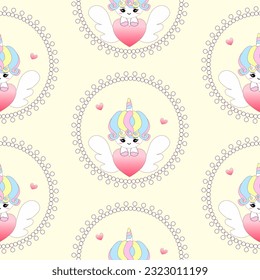Unicorn Seamless pattern cupid cartoon character background for card, baby shower, Valentines day, wedding, Mother's Day ,  Father's Day, scrapbook, notebook, cover.