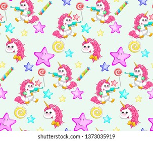Unicorn seamless pattern. Cute cartoon Unicorn sits on a star.