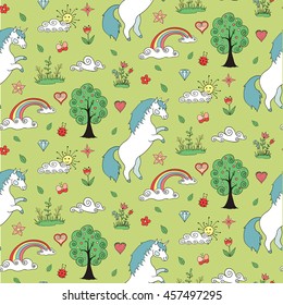 Unicorn seamless pattern. Cute cartoon horse. Equestrian vector illustration.
Can be used for children wallpaper, wrapping, textile. Doodle hand drawing background.