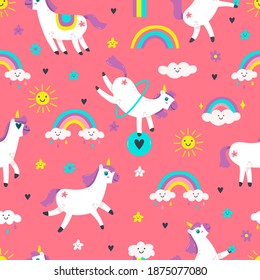 Unicorn seamless pattern. Cute fairytale animals, pony unicorns with rainbow, cloud, stars. Fairy tale unicorns vector background illustration. Seamless pattern background, magical and majestic pony