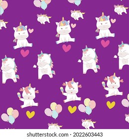 Unicorn seamless pattern. Cute fairy-tale animals. Pony unicorn with rainbow, cloud and star. Magical unicorn. Unicorn background illustration.