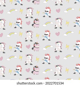 Unicorn seamless pattern. Cute fairy-tale animals. Pony unicorn with rainbow, cloud and star. Magical unicorn. Unicorn background illustration.