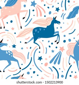 Unicorn seamless pattern. Cute flat magic animals, stars and doodles. Flat texture for print for kids t-shirt, baby wear fabric, paper, nursery designs. Bright colors childish fairytale background. 