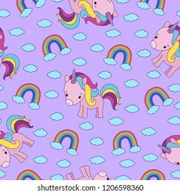 Unicorn seamless pattern. Cute little pony. Rainbow and clouds. Baby style. Girlish vector illustration. Colorful design element. Textile fabric. Birthday card. Kids clothes print. Wrapping paper.