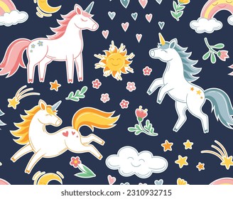 Unicorn seamless pattern. Fairytale animal with horn and rainbow mane. Template with cute horse, sun and clouds. Fantasy childish elements. Cartoon flat vector collection isolated on blue background