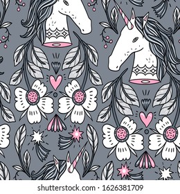 unicorn seamless pattern, fantasy plants, blooms and unicorns on a grey background with stars and hearts