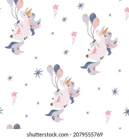 Unicorn seamless pattern. Unicorn flying on balloons. Starry sky background. Perfect for printing baby textiles, clothing Vector cartoon cute characters in  childish hand drawn scandinavian style.