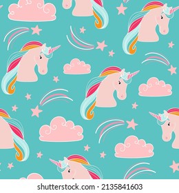 Unicorn seamless pattern with unicorn´s head, stars and clouds on turquoise background. Magic digital background with vector hand drawn elements. Seamless pattern for kids fabric and scrapbook paper.