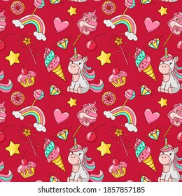 Unicorn seamless pattern. Ice cream, donut, lollipop, cotton candy, magic wand, cupcake, diamond, rainbow, stars, heart. Great for wallpaper, gift paper, fabric, wrapping paper, surface design