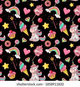 Unicorn seamless pattern. Ice cream, donut, lollipop, cotton candy, magic wand, cupcake, diamond, rainbow, stars, heart. Great for wallpaper, gift paper, fabric, wrapping paper, surface design