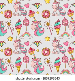 Unicorn seamless pattern. Ice cream, donut, lollipop, cotton candy, magic wand, cupcake, diamond, rainbow, stars, heart. Great for wallpaper, gift paper, fabric, wrapping paper, surface design