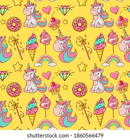 Unicorn seamless pattern. Ice cream, donut, lollipop, cotton candy, magic wand, cupcake, diamond, rainbow, stars, heart. Great for wallpaper, gift paper, fabric, wrapping paper, surface design