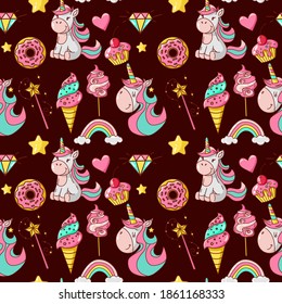Unicorn seamless pattern. Ice cream, donut, lollipop, cotton candy, magic wand, cupcake, diamond, rainbow, stars, heart. Great for wallpaper, gift paper, fabric, wrapping paper, surface design