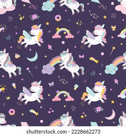 Unicorn seamless pattern, kids texture for clothes. Childish magic fairy tale background with unicorns and rainbows. Nowaday decorative vector print