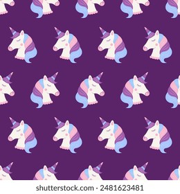 Unicorn seamless pattern. Magic repeating pattern in pastel colors. Cute vector illustration isolated on dark purple background