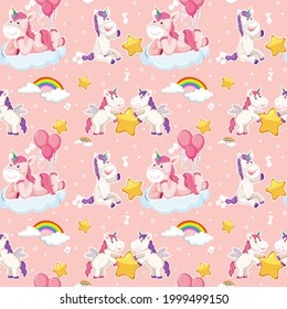 Unicorn seamless pattern with many clouds on pink background illustration