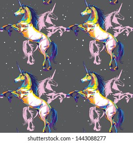 Unicorn seamless pattern. Multi-colored drawing, mystical animal.