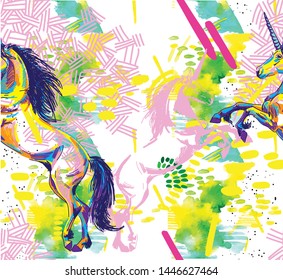 Unicorn seamless pattern. Multi-colored drawing, mystical animal.